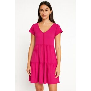 See You Monday Pink Ribbed Tiered Midi Dress Short Sleeve Casual Cute‎ Large